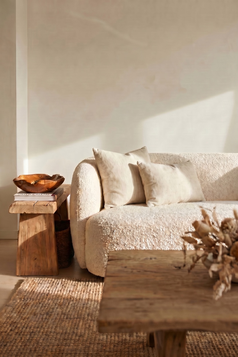 Cream bouclé sofa with warm wood accents in a sunlit living room by Simitouch
