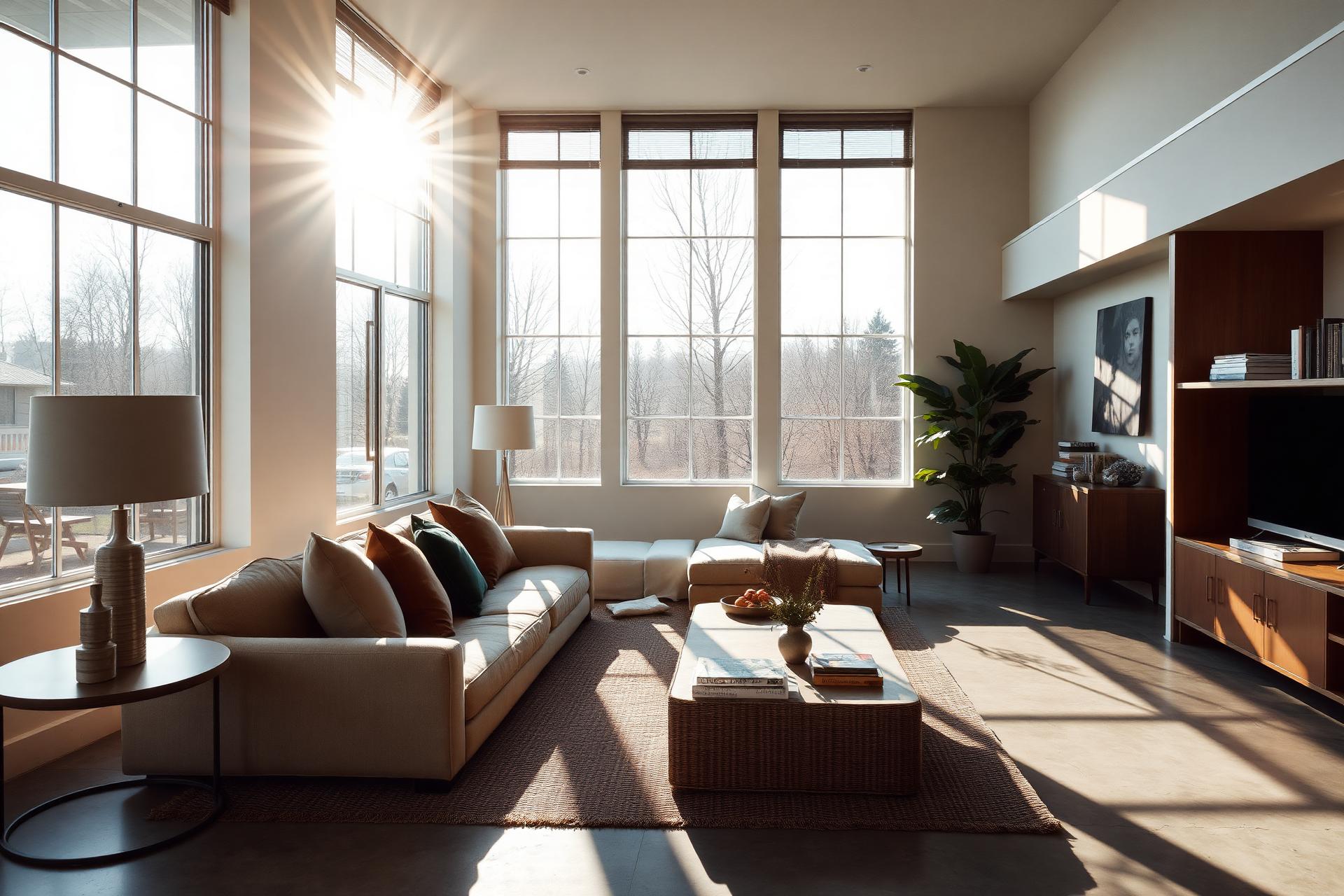 Sunlit, upscale modern interior staged by Simitouch